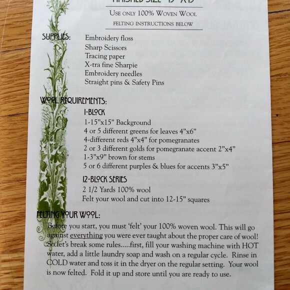 Vintage Pomegranate Quilt Block Sewing Pattern Felted Wool 90s Wild Thymes - Picture 5 of 6